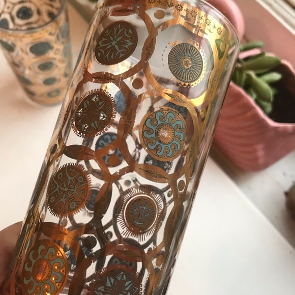 Vintage Set of 2 Midcentury Culver Aztec Tumblers - 22ct Gold, Aqua Turquoise - Picture 4 of 5